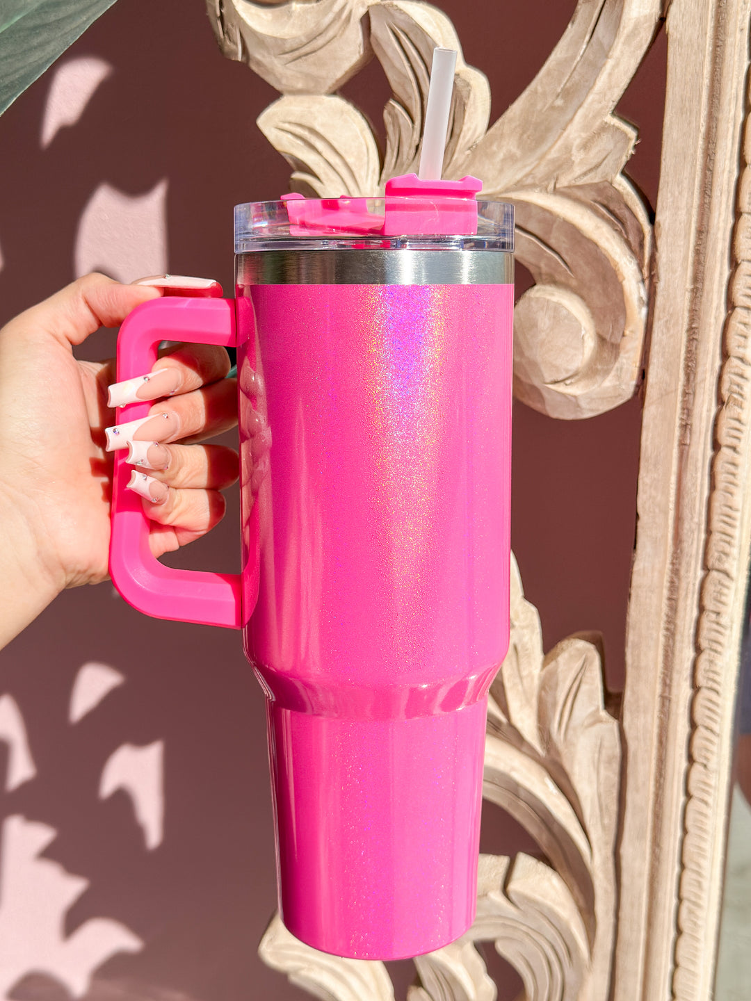 40 oz. Hot Pink Glitter Tumbler with Handle