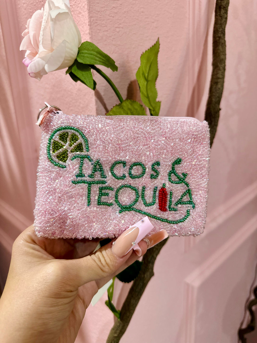 Tacos & Tequila Pink Beaded Coin Purse