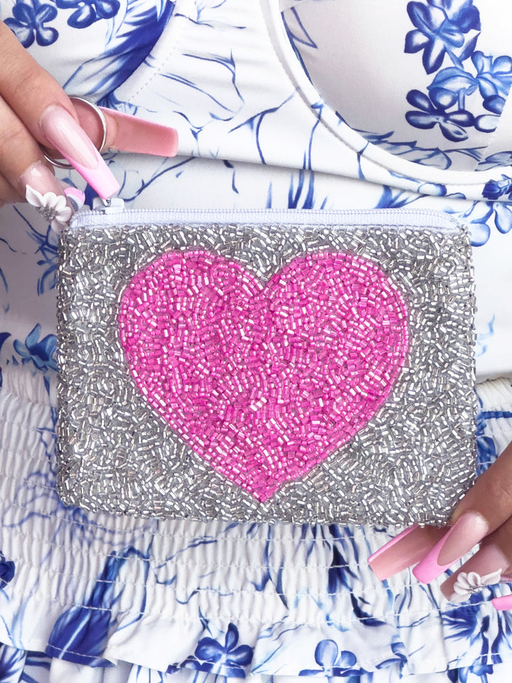 Pink Heart Silver Beaded Coin Purse [Ready to Ship]