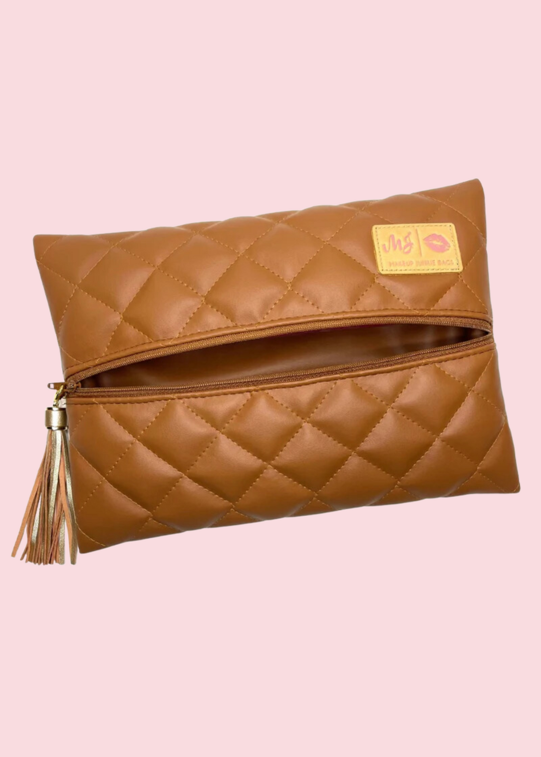Makeup Junkie Bags - Luxe Cognac Quilted Flat Lay [Pre Order]