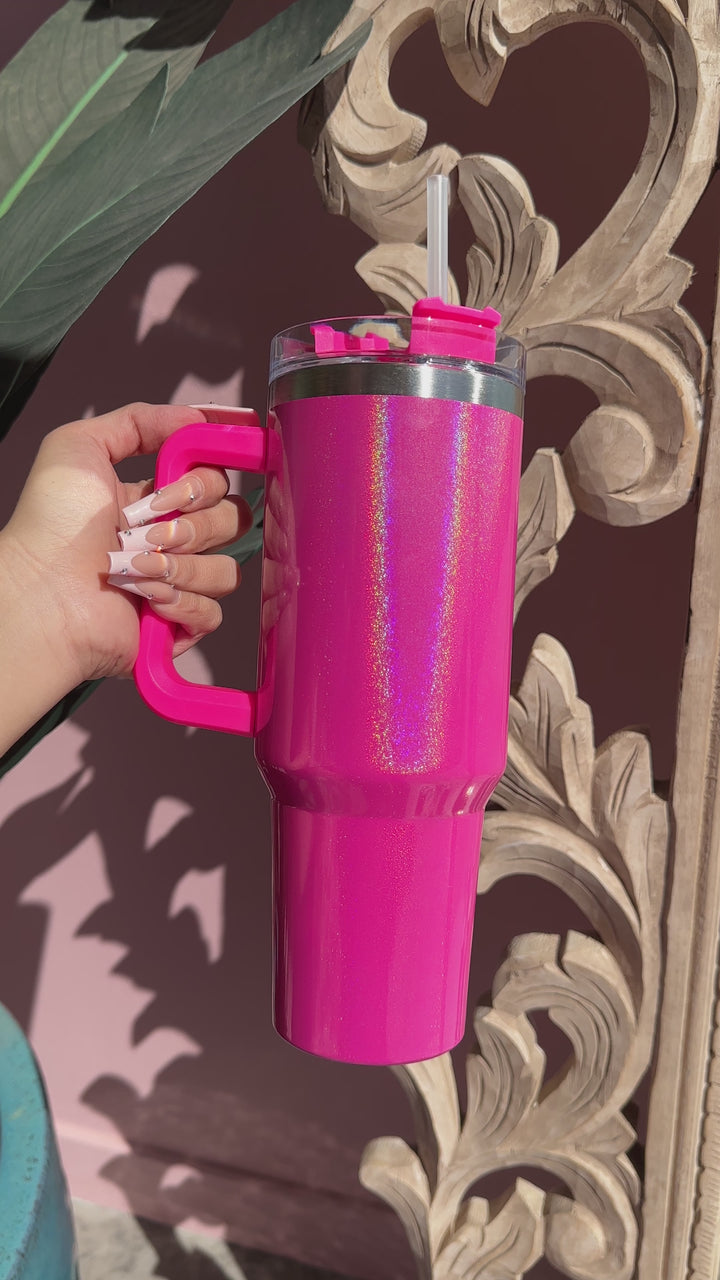 40 oz. Hot Pink Glitter Tumbler with Handle