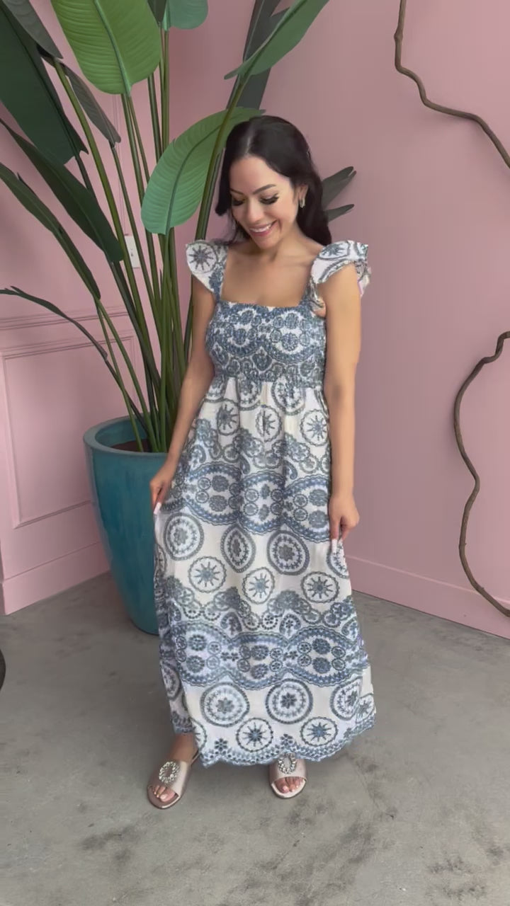 Glamfox - Capri Blue and White Embroidered Dress