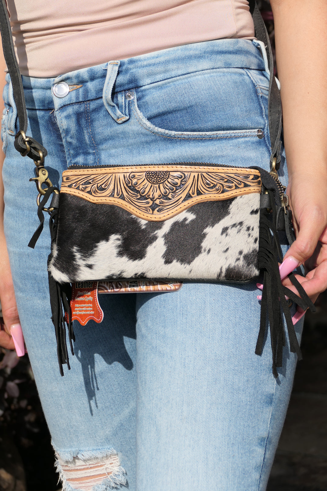 American Darling - Tooled Leather Black and White Cowhide Crossbody with Fringes