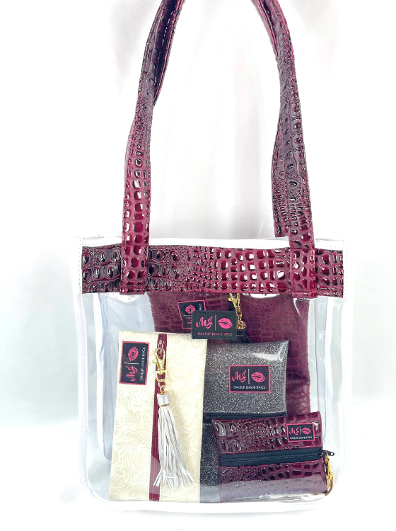 Makeup Junkie Bags - In the Clear Bubble Gator Wine Stadium Tote Bundle [Pre-Order]