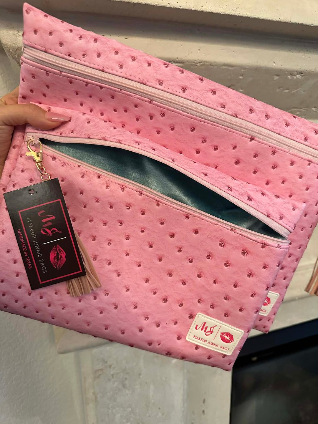 Makeup Junkie Bags - Pink Ostrich Top Zip Flat Lay [Pre-Order]