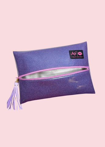 Makeup Junkie Bags - Glitter Periwinkle Flat Lay [Pre-Order]