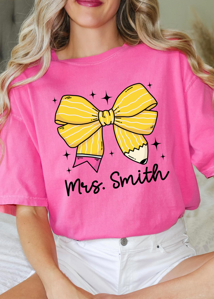 Glamfox  - Custom Teacher Name Pencil Bow Graphic Tee