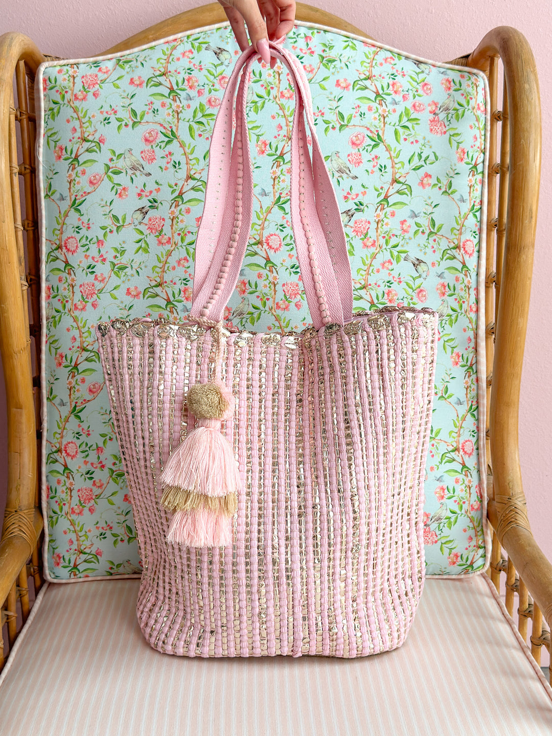 America & Beyond - Natural Beauty Hand Woven Pink Tote