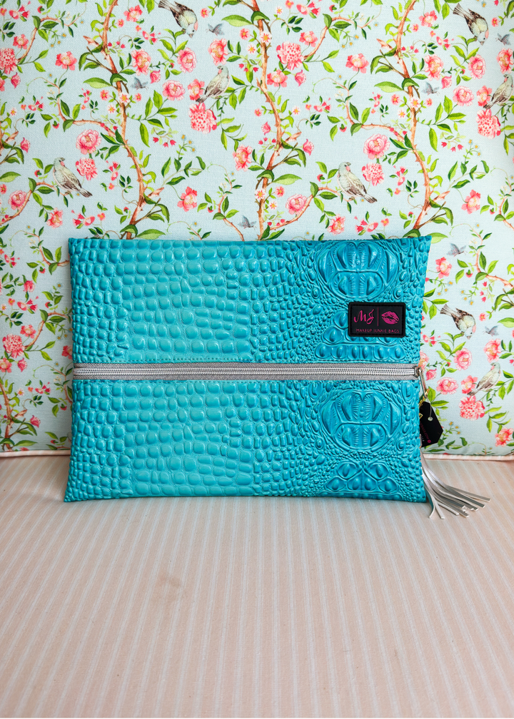 Makeup Junkie Bags - Tiffany Blue Bubble Gator Silver Zipper [Ready To Ship]