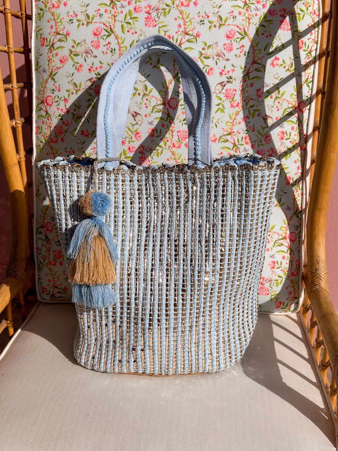 America & Beyond - Natural Beauty Hand Woven Light Blue Tote