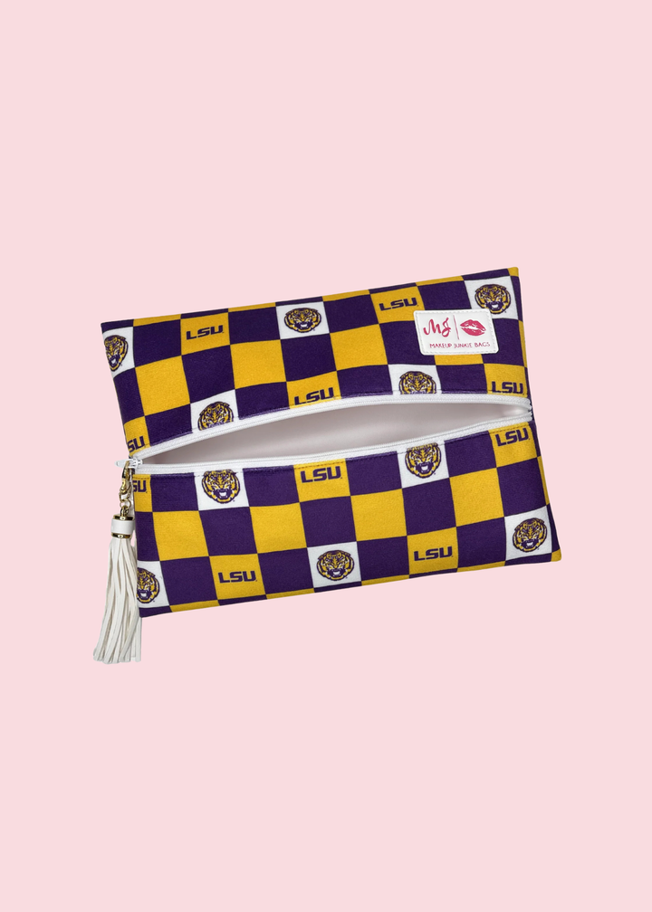 Makeup Junkie Bags - Checkered Louisiana State University Travel Bags [Pre-Order]