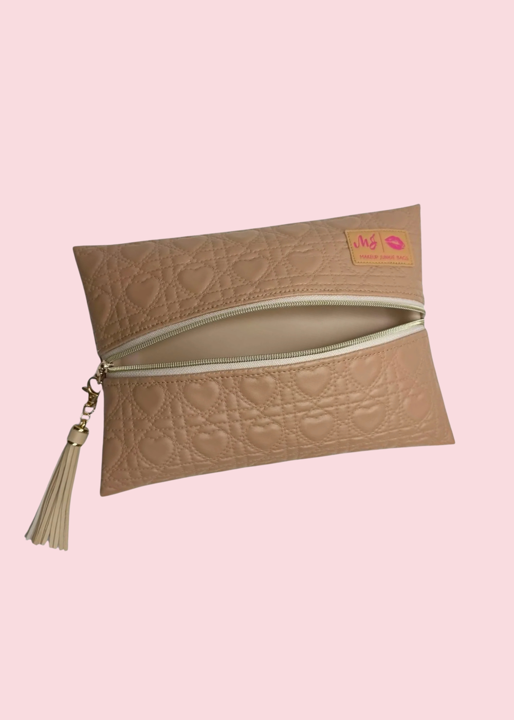 Makeup Junkie Bags - Tan Hearts Quilted Travel Bags [Pre-Order]