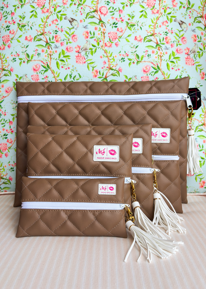 Makeup Junkie Bags - Mocha Brown Luxe Quilted Flat Lay [Pre-Order]