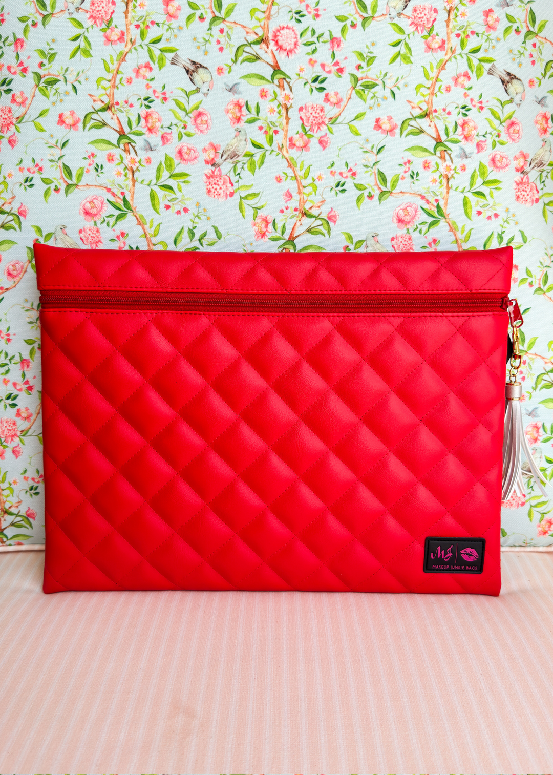 Makeup Junkie Bags - Red Luxe Quilted Flat Lay [Ready To Ship]