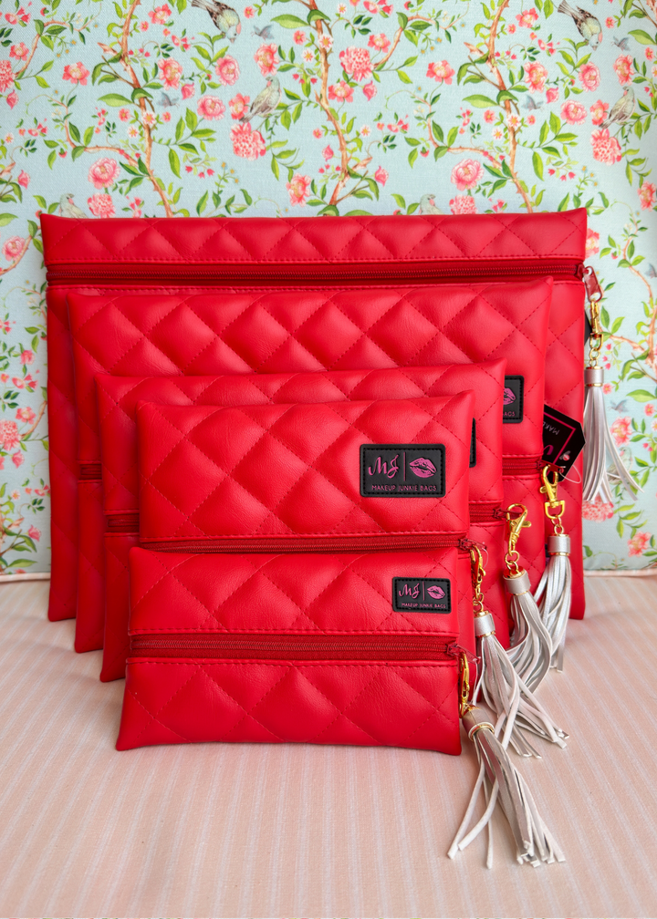 Makeup Junkie Bags - Red Luxe Quilted Flat Lay [Ready To Ship]