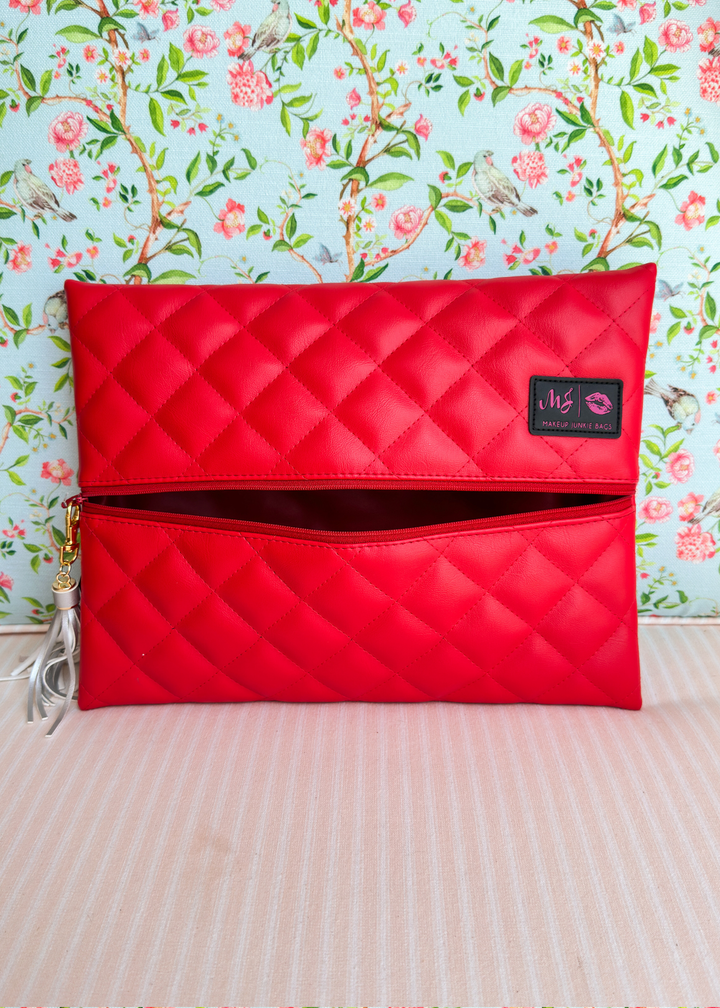 Makeup Junkie Bags - Red Luxe Quilted Flat Lay [Ready To Ship]