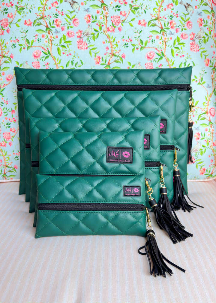 Makeup Junkie Bags - Emerald Luxe Quilted Flat Lay [Ready To Ship]