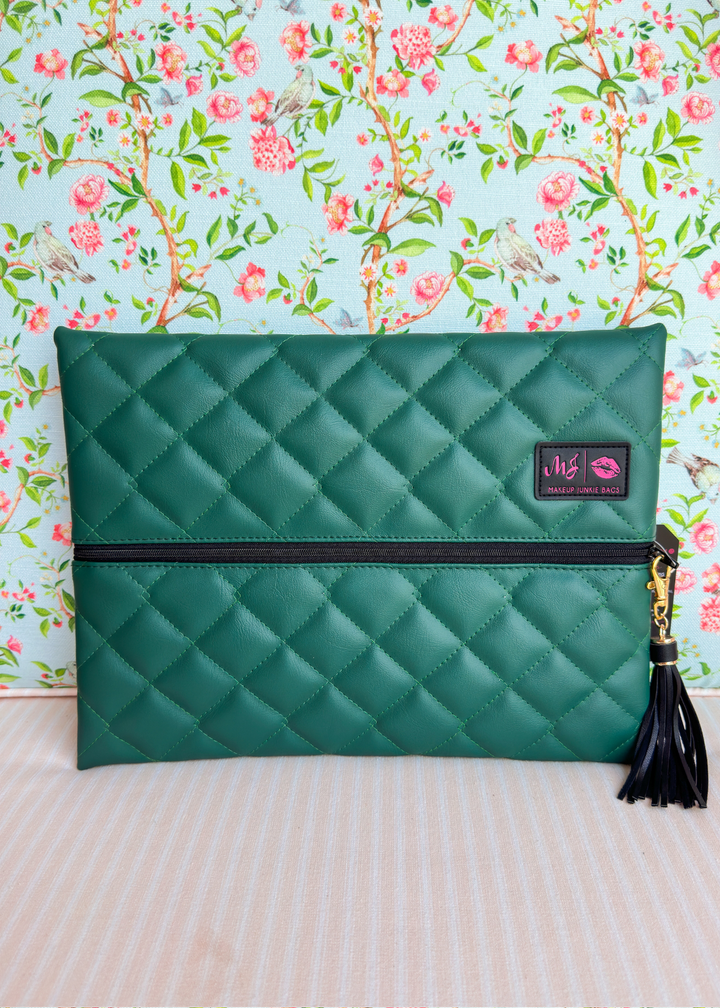 Makeup Junkie Bags - Emerald Luxe Quilted Flat Lay [Ready To Ship]