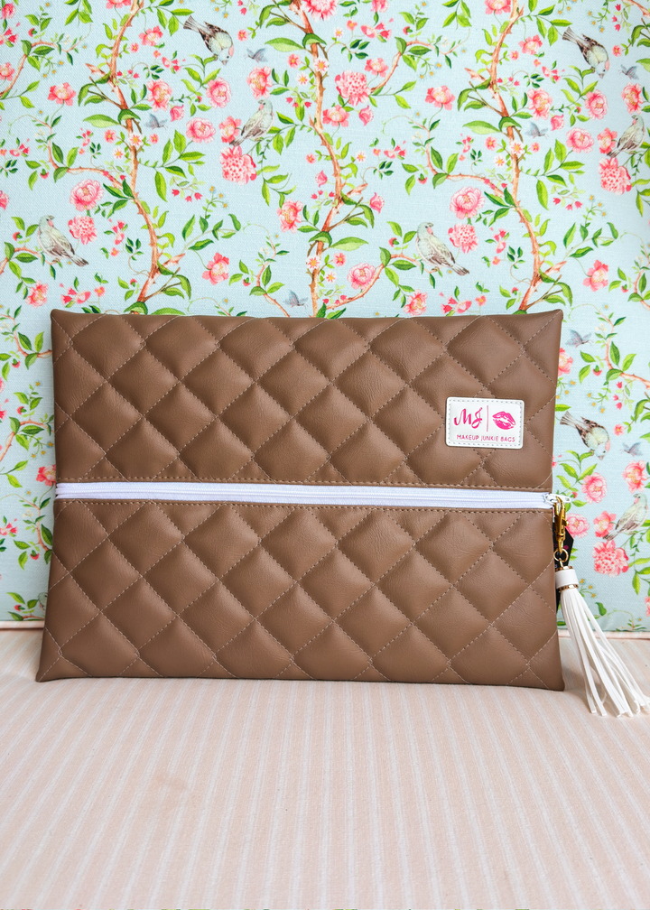 Makeup Junkie Bags - Mocha Brown Luxe Quilted Flat Lay [Pre-Order]