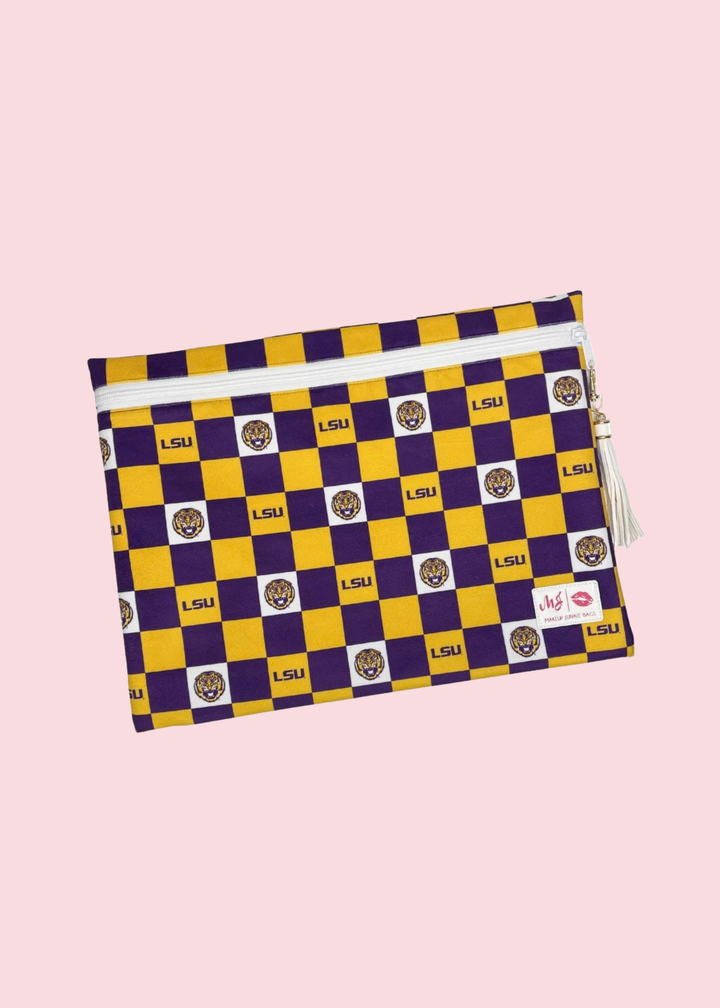 Makeup Junkie Bags - Checkered Louisiana State University Travel Bags [Pre-Order]