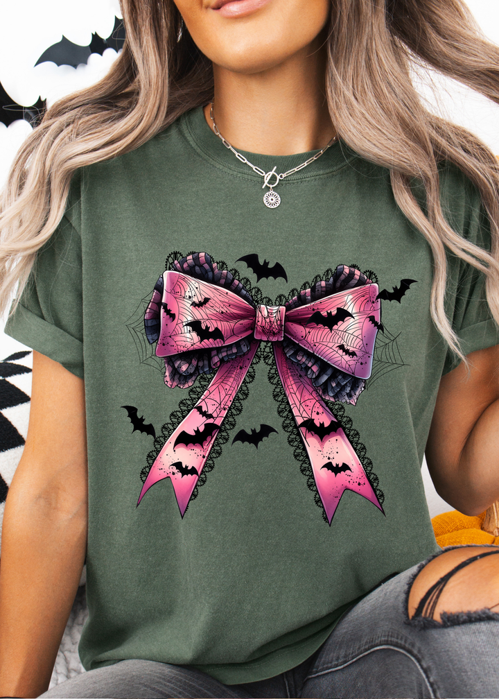 Glamfox  - Pink Bat Gothic Coquette Bow Graphic Tee