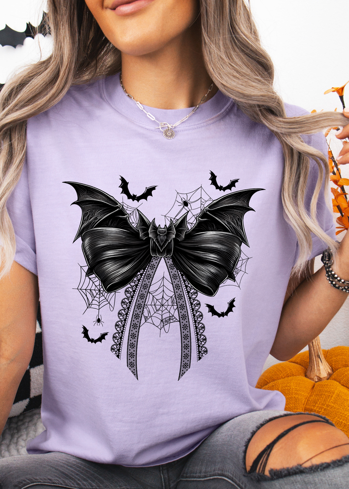 Glamfox  - Black Bat Gothic Coquette Bow Graphic Tee