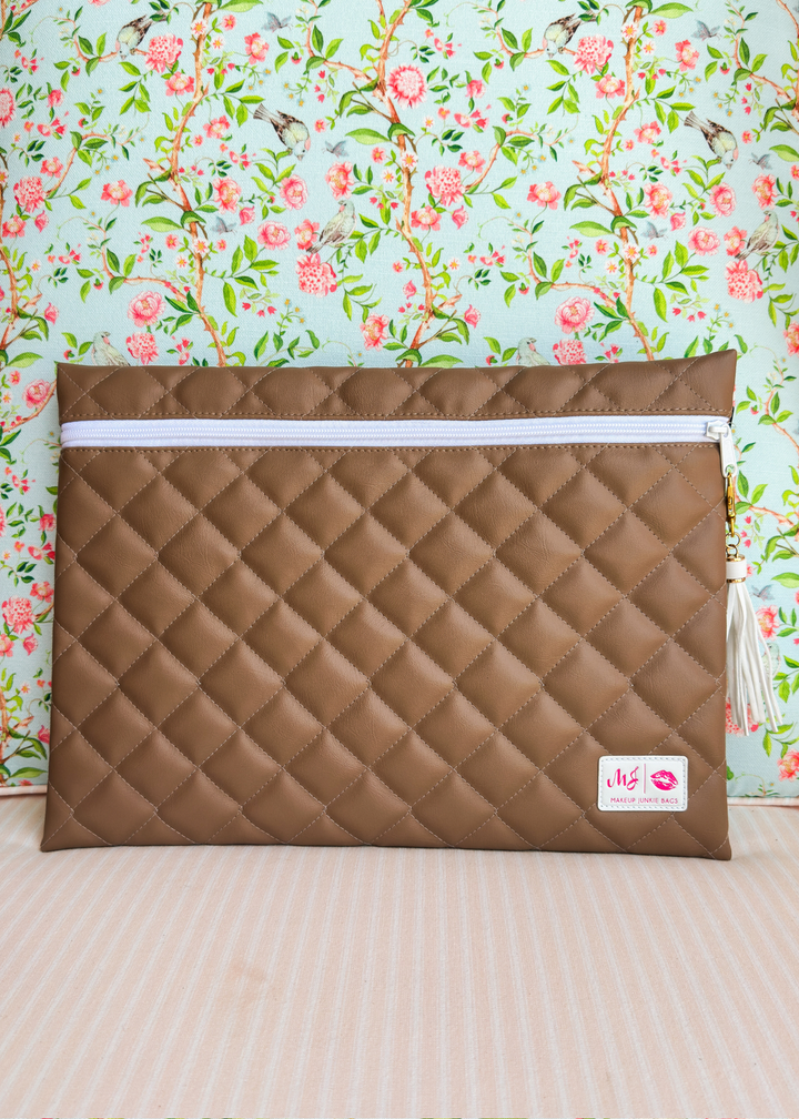 Makeup Junkie Bags - Mocha Brown Luxe Quilted Flat Lay [Pre-Order]