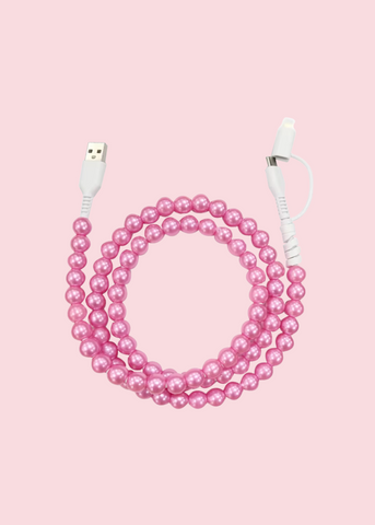 Glamfox - Pink Pearl Beaded Phone Charger [Dual USB-C & Lightning]