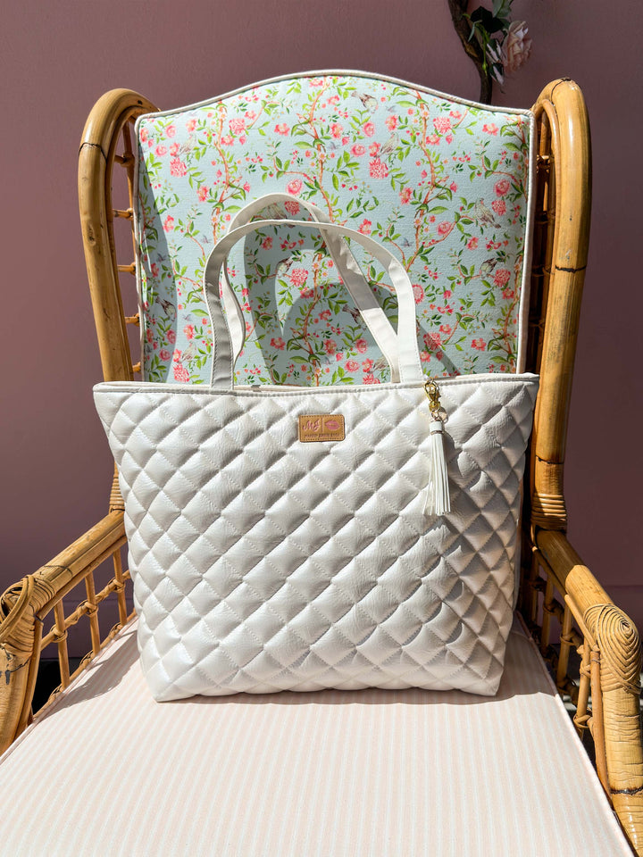 Makeup Junkie Bags - Luxe Ivory Pearl Quilted Tote [Ready to Ship]