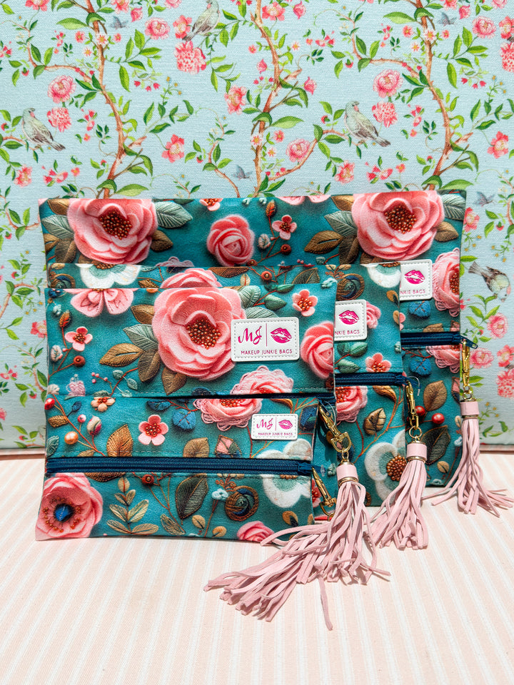 Makeup Junkie Bags - Teal Bloom Flat Lay [Ready to Ship]