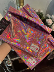Makeup Junkie Bags - Pink Holographic Top Zip Flat Lay [Pre-Order]