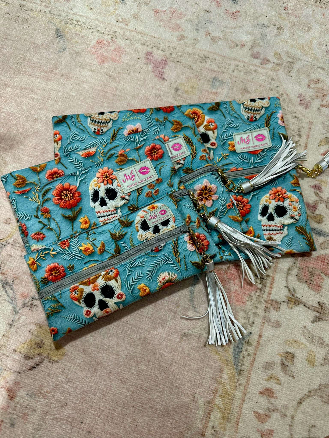 Makeup Junkie Bags - Halloween Floral Skull Flat Lay