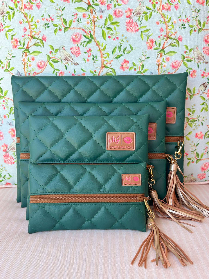 Makeup Junkie Bags - Emerald Luxe Quilted Tan Zipper Flat Lay [Ready To Ship]