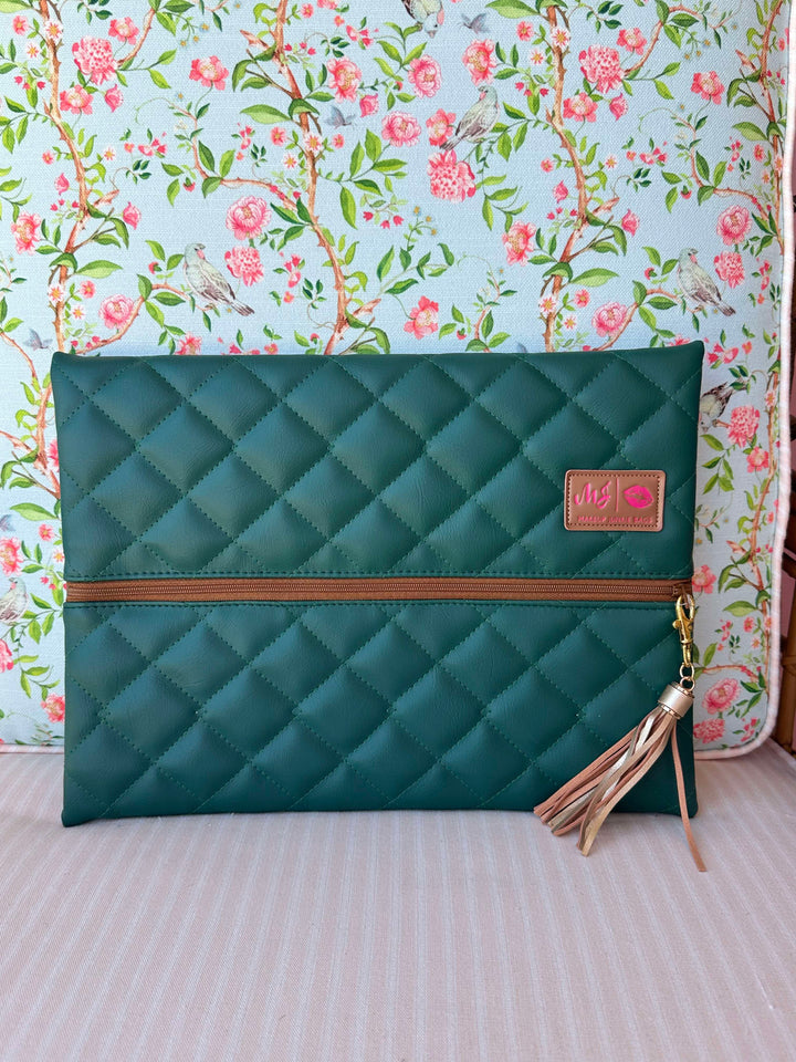 Makeup Junkie Bags - Emerald Luxe Quilted Tan Zipper Flat Lay [Ready To Ship]