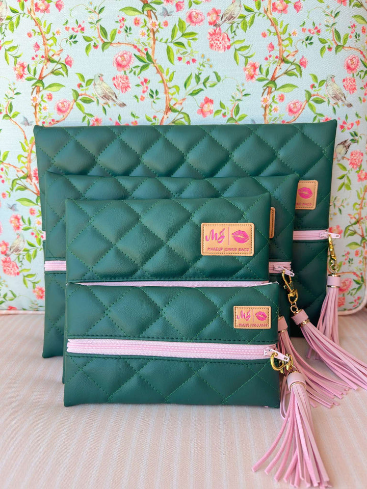 Makeup Junkie Bags - Emerald Luxe Quilted Blush Zipper Flat Lay [Ready To Ship]