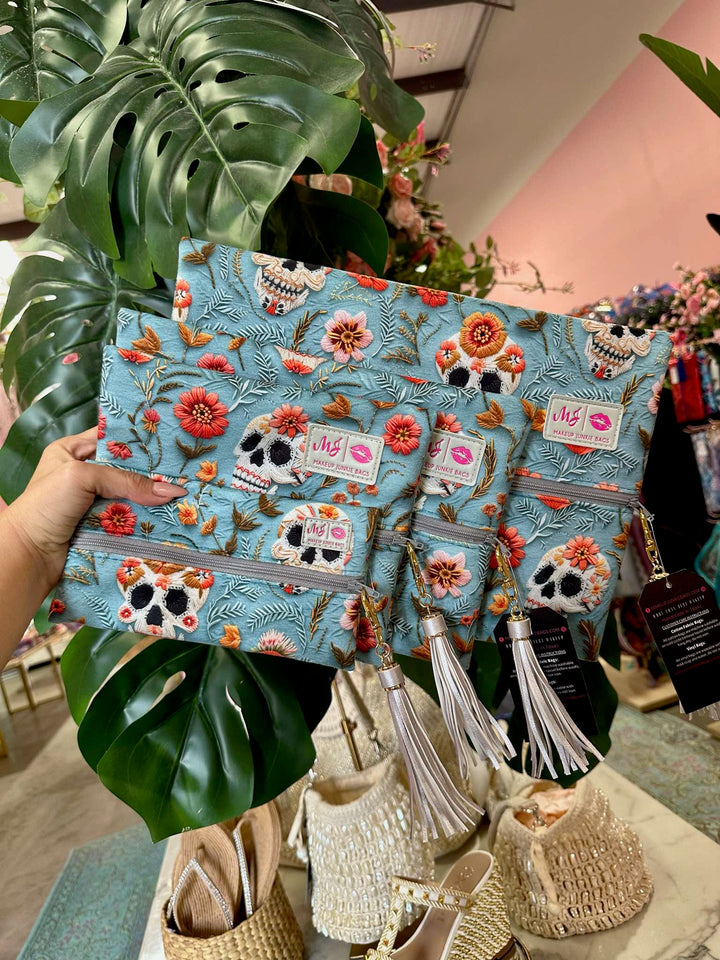 Makeup Junkie Bags - Halloween Floral Skull Flat Lay