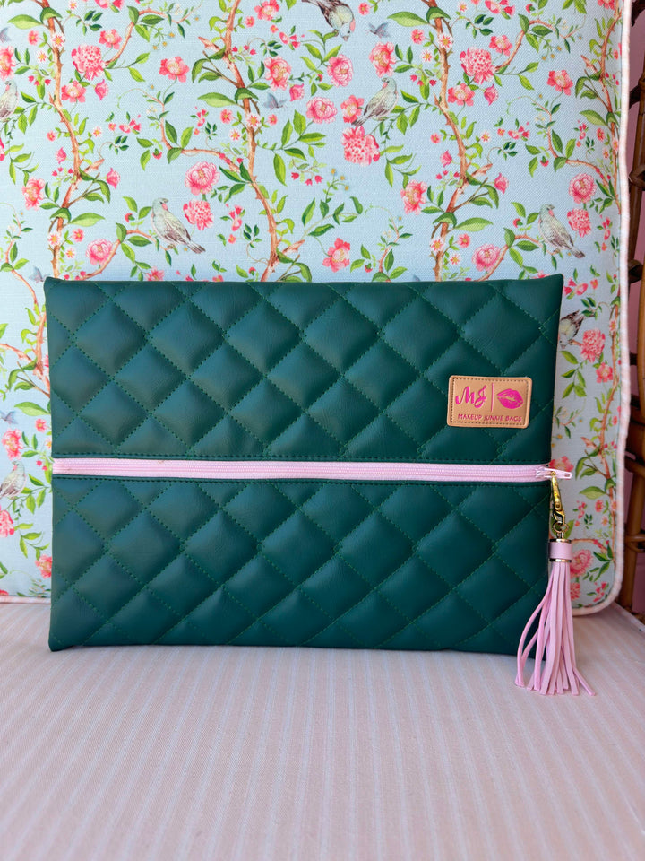 Makeup Junkie Bags - Emerald Luxe Quilted Blush Zipper Flat Lay [Ready To Ship]