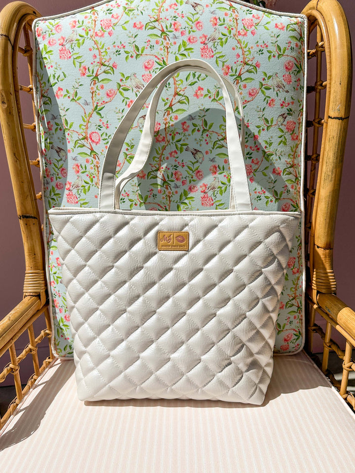 Makeup Junkie Bags - Luxe Ivory Pearl Quilted Tote [Ready to Ship]