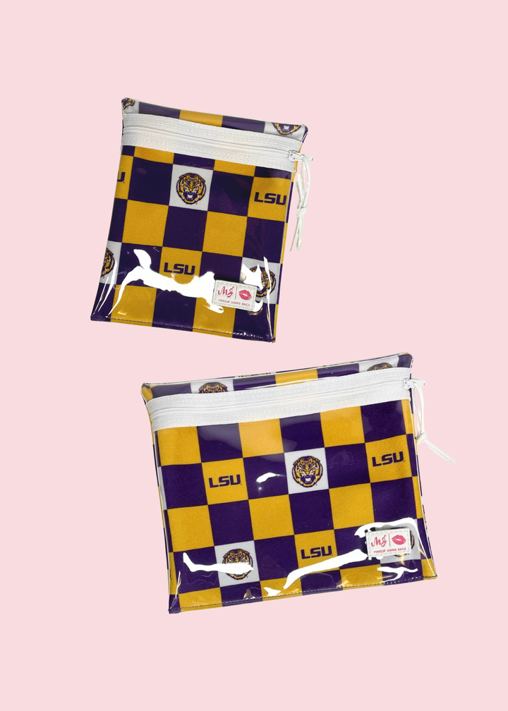 Makeup Junkie Bags - Checkered Louisiana State University Travel Bags [Pre-Order]