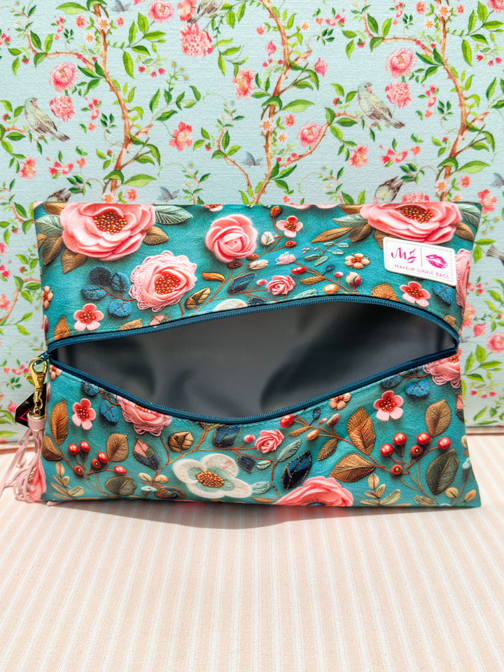 Makeup Junkie Bags - Teal Bloom Flat Lay [Ready to Ship]