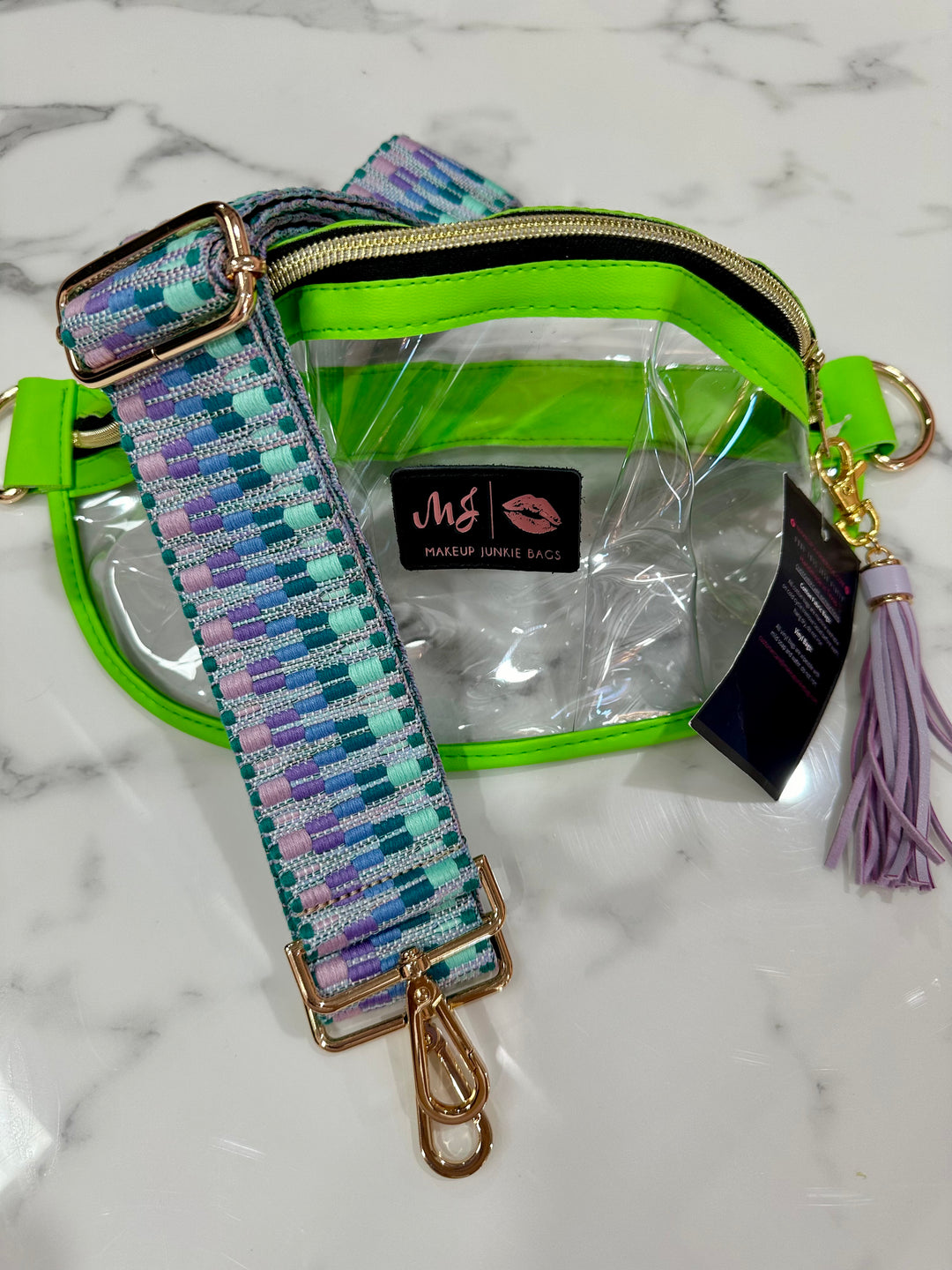 Makeup Junkie Bags - In the Clear Lime Green Sidekick with embroidered Strap - [Pre-Order]
