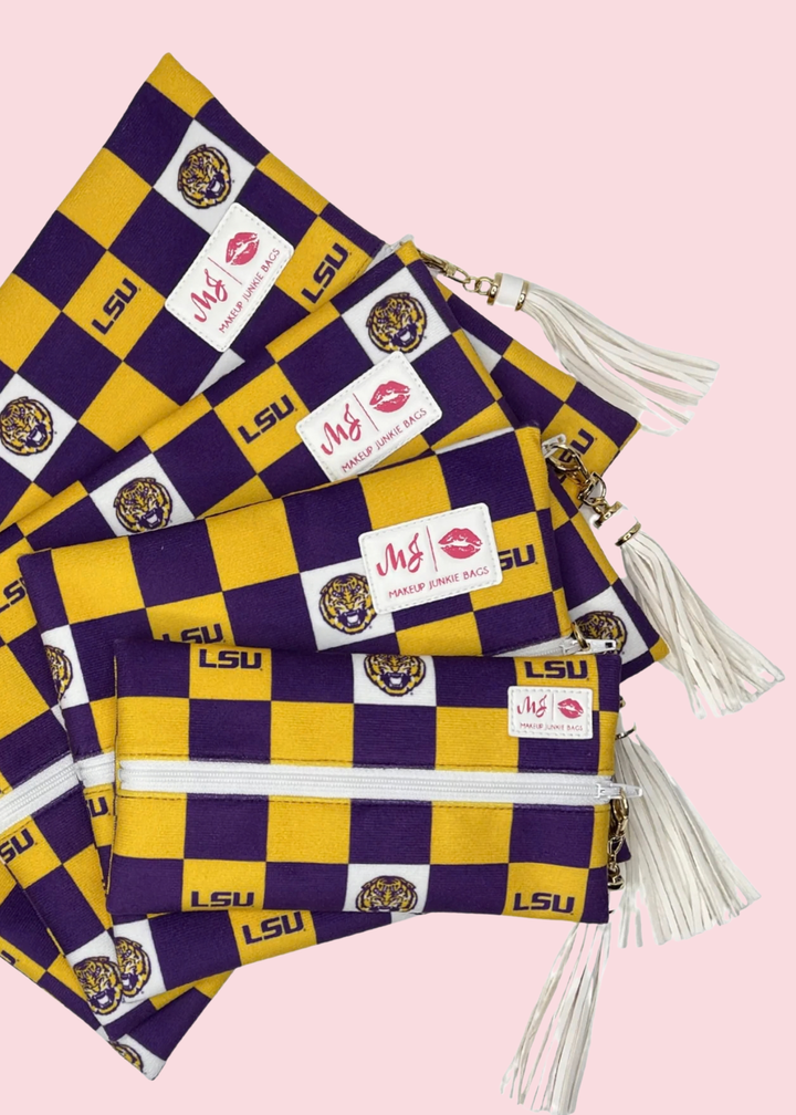 Makeup Junkie Bags - Checkered Louisiana State University Travel Bags [Pre-Order]