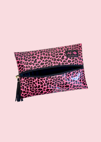 Makeup Junkie Bags - Pink Patent Leopard Flat Lay [Pre-Order]