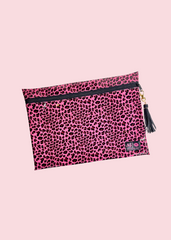 Makeup Junkie Bags - Pink Patent Leopard Jumbo Top Zip Flat Lay [Pre-Order]