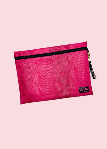 Makeup Junkie Bags - Pink Python Jumbo Top Zip Flat Lay [Pre-Order]