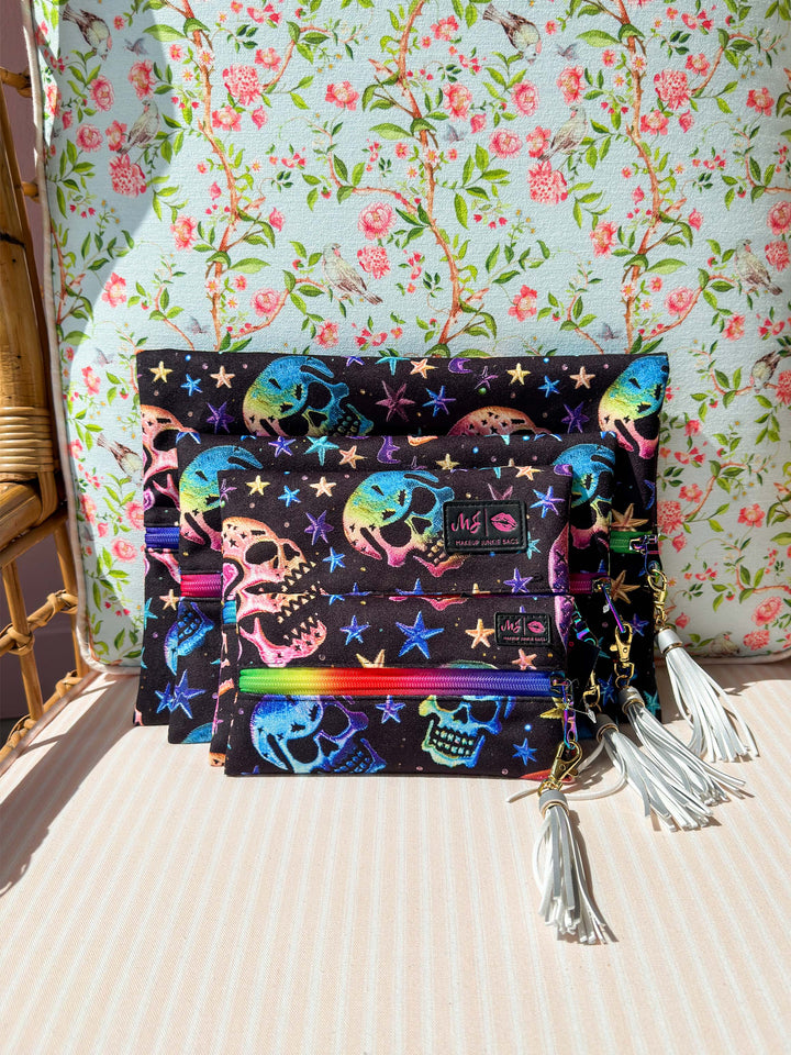 Makeup Junkie Bags - Glamfox Cosmic Skulls Rainbow Zipper Flat Lay [Ready To Ship]