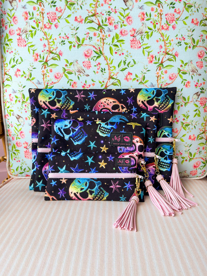 Makeup Junkie Bags - Glamfox Cosmic Skulls Baby Pink Zipper Flat Lay [Ready To Ship]