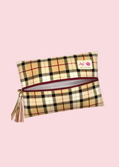 Makeup Junkie Bags - Burgundy Cream Plaid Flat Lay Bag [Pre-Order]