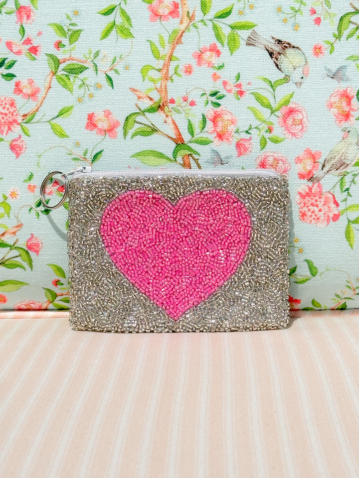 Pink Heart Silver Beaded Coin Purse