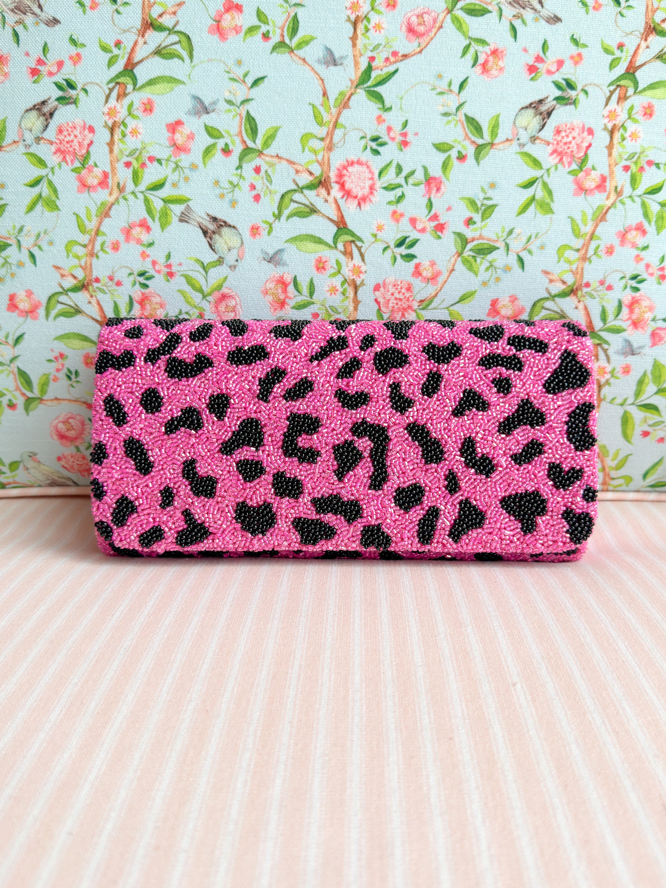 NWOT Beaded deals Pink Leopard Clutch